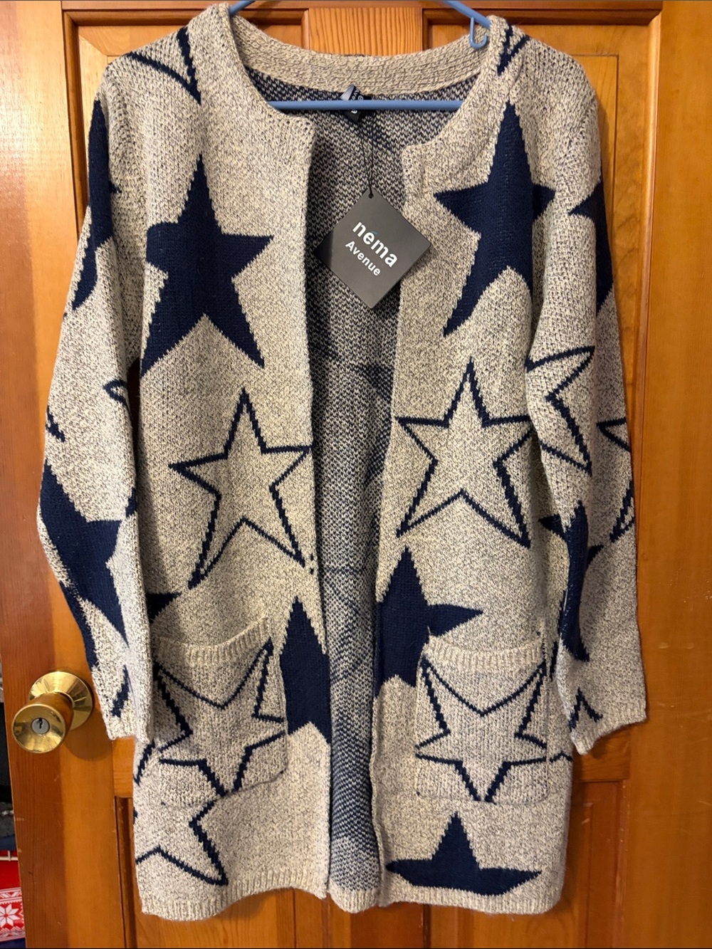 Avenue Nema Open Front Star Cardigan in Navy and Cream